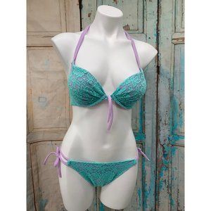 Victoria Secret Womans LG 36B Push Up Lace Bikini Lavender Purple/ Green Sea-foa